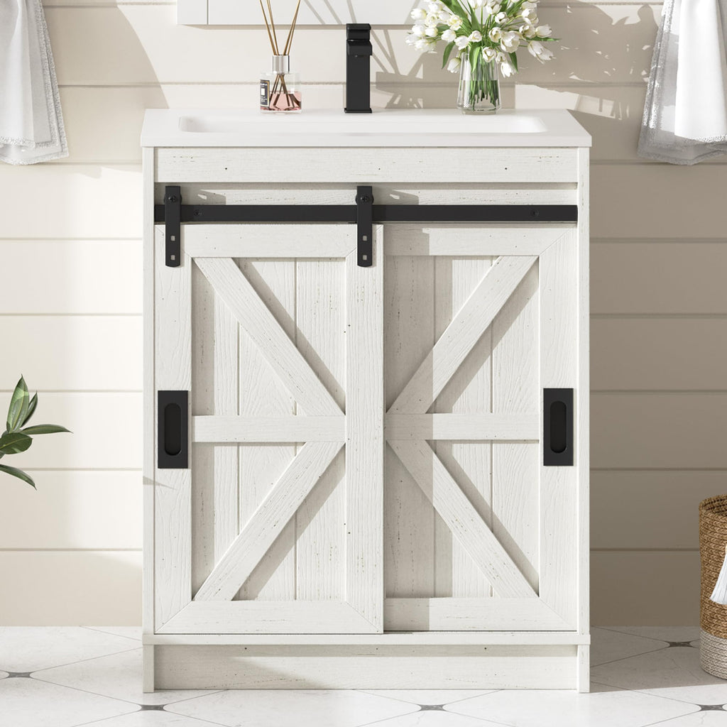 AMERLIFE 48" Farmhouse Freestanding Bathroom Vanity with Sink, Sliding Barn Doors Bathroom Vanity with Drawers & Deep Basin, Spacious Bathroom Storage, Rustic White