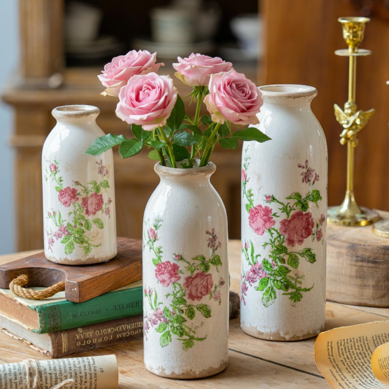 Vintage Vase Set of 3, Ceramic Vintage Flower Vases, Chinoiserie Decorative Home Decor Retro Floral Vase Rustic Farmhouse Decor for Table Bookshelf Mantel Kitchen Living Room Office - Colorful Daisy