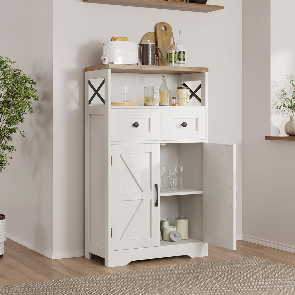 Befrases Farmhouse White Storage Cabinet with Doors and Drawers, Freestanding Kitchen Pantry Cabinet, Floor Storage Cabinet Hutch Cupboard for Kitchen, Living Dining Room, Bathroom