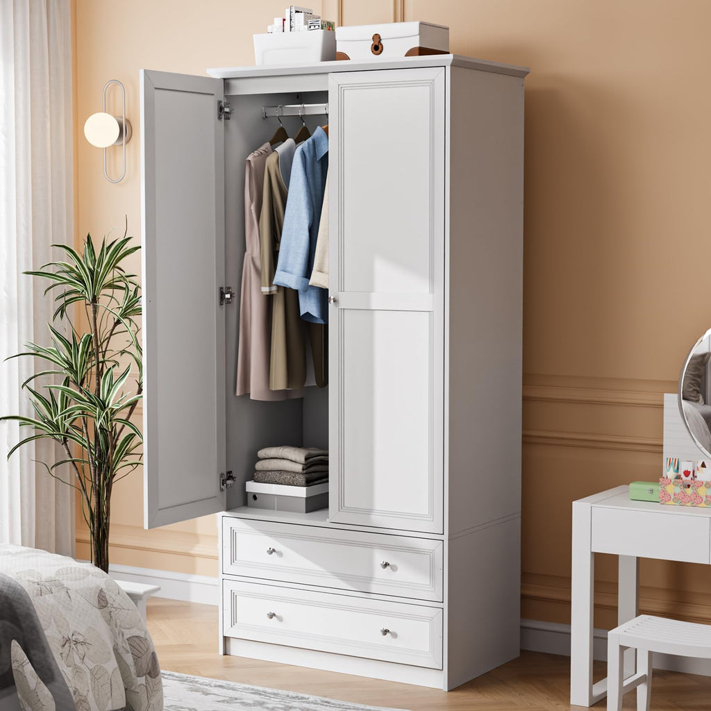 VINGLI Arched Wardrobe Closet Armoire with Drawer, 70" Tall Wooden Wardrobe Closet,Clothing Storage Cabinet, Large Capacity Storage, Natural Oak