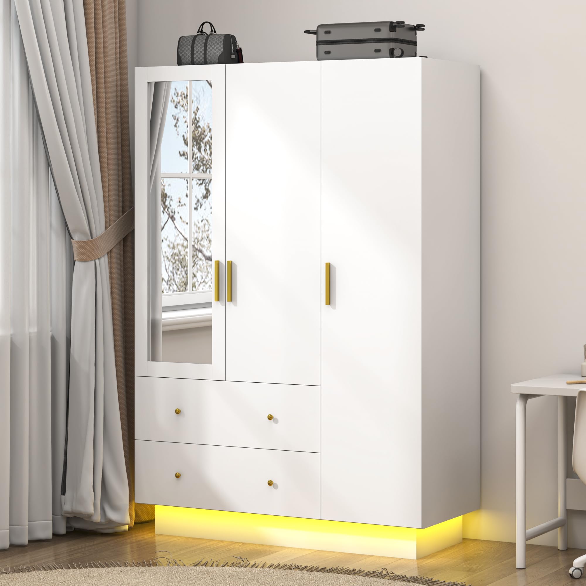 jiteentarou 2 Door Wardrobe Closet with Mirrors and LED Lights, Small Bedroom Armoire with Drawers, Modern Wooden Armoire Wardrobe Closet with Hanging Rod for Bedroom, Brown