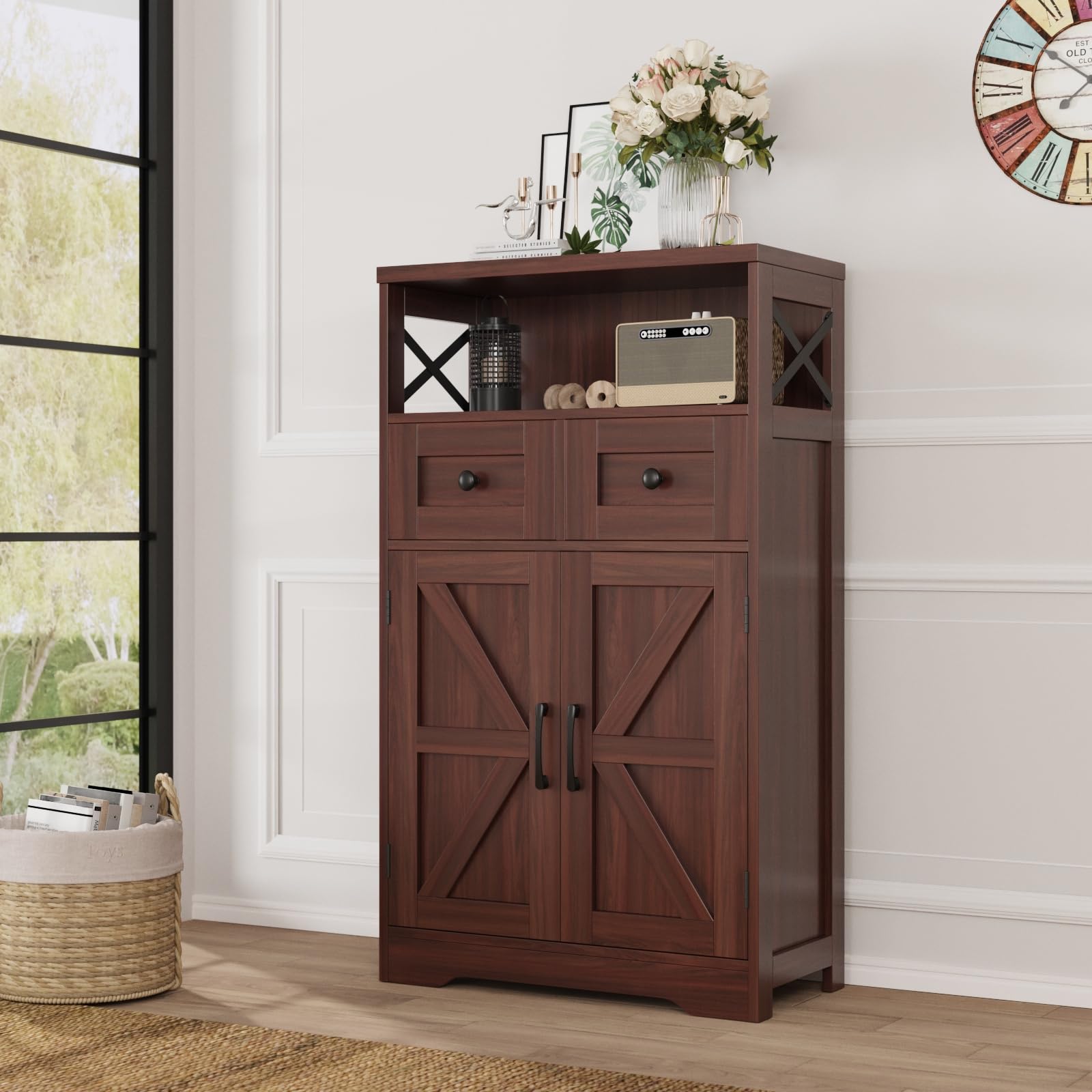 Befrases Farmhouse White Storage Cabinet with Doors and Drawers, Freestanding Kitchen Pantry Cabinet, Floor Storage Cabinet Hutch Cupboard for Kitchen, Living Dining Room, Bathroom