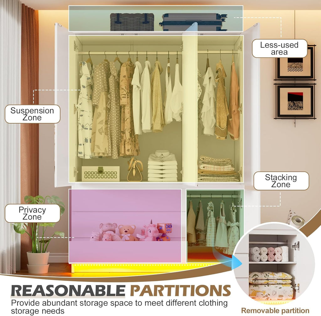 3-Door Mirrored Wooden Armoire Wardrobe with Lights, Drawers, Hanging Rod & Shelves