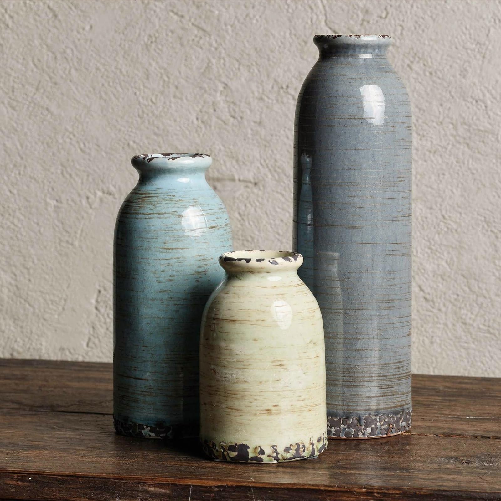 Ceramic Vase Set of 3, Vintage Ceramic Flower Vases, Crackle-Glaze & Distressed Rim, Blue Botanical Pattern, for Home Decor, Living Room Mantel & Dining Table Centerpiece