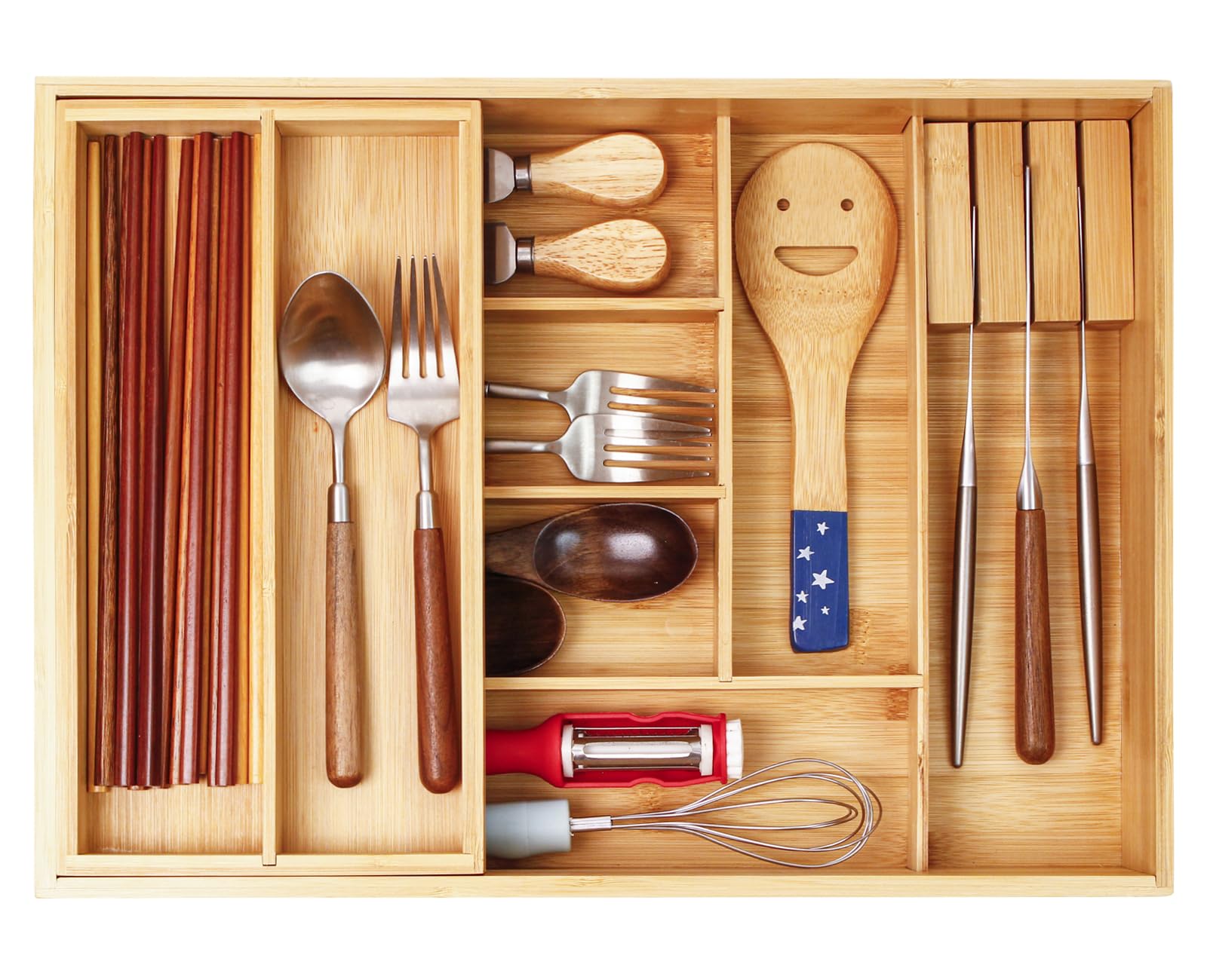 COIWAI Double Layer Bamboo Drawer Organizer Cutlery Utensil Silverware Drawer Organizer, cutlery Silverware Tray for Drawer, Utensil Holder Drawer Dividers for Flatware (L: 16.85 × 12.2 in)