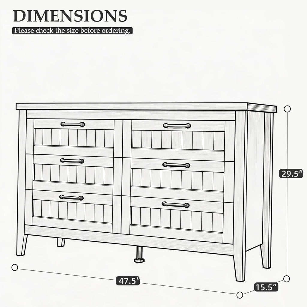 GarveeHome Farmhouse 6 Drawer Dresser with Charging Station & LED Lights, Slim Wooden Bedroom Dresser, Rustic Chest of Drawers Clothes Storage Organizer for Closet Dorm Apartments, White