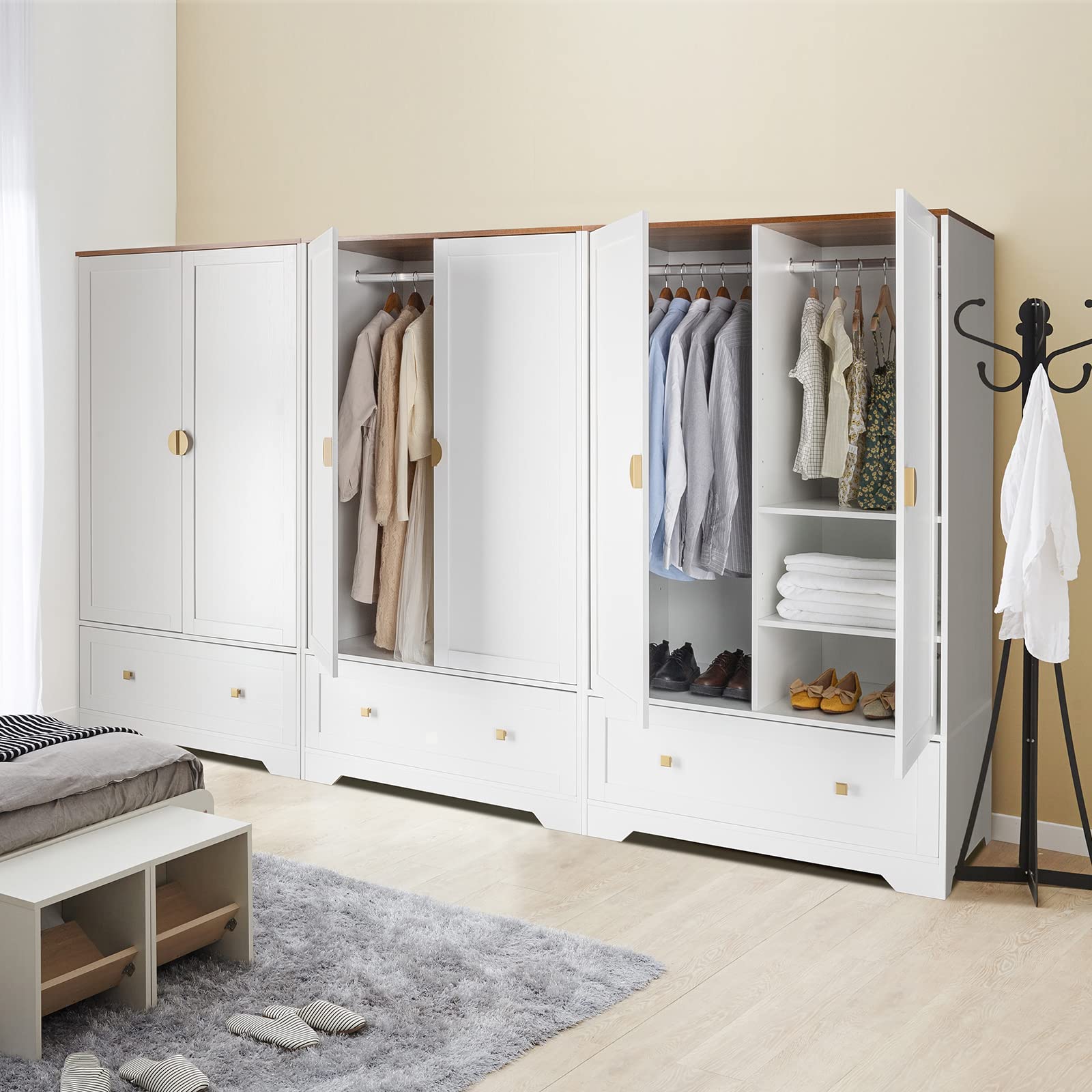 VINGLI Fluted Wardrobe Closet Armoire with Doors And Drawers, Wardrobe Cabinet with Hanging Rack, Bedroom Closet Wood, Oak Free Standing Armoire with Shelf and Solid Wood Legs, 31.5"W*19.7"D*69.3"H