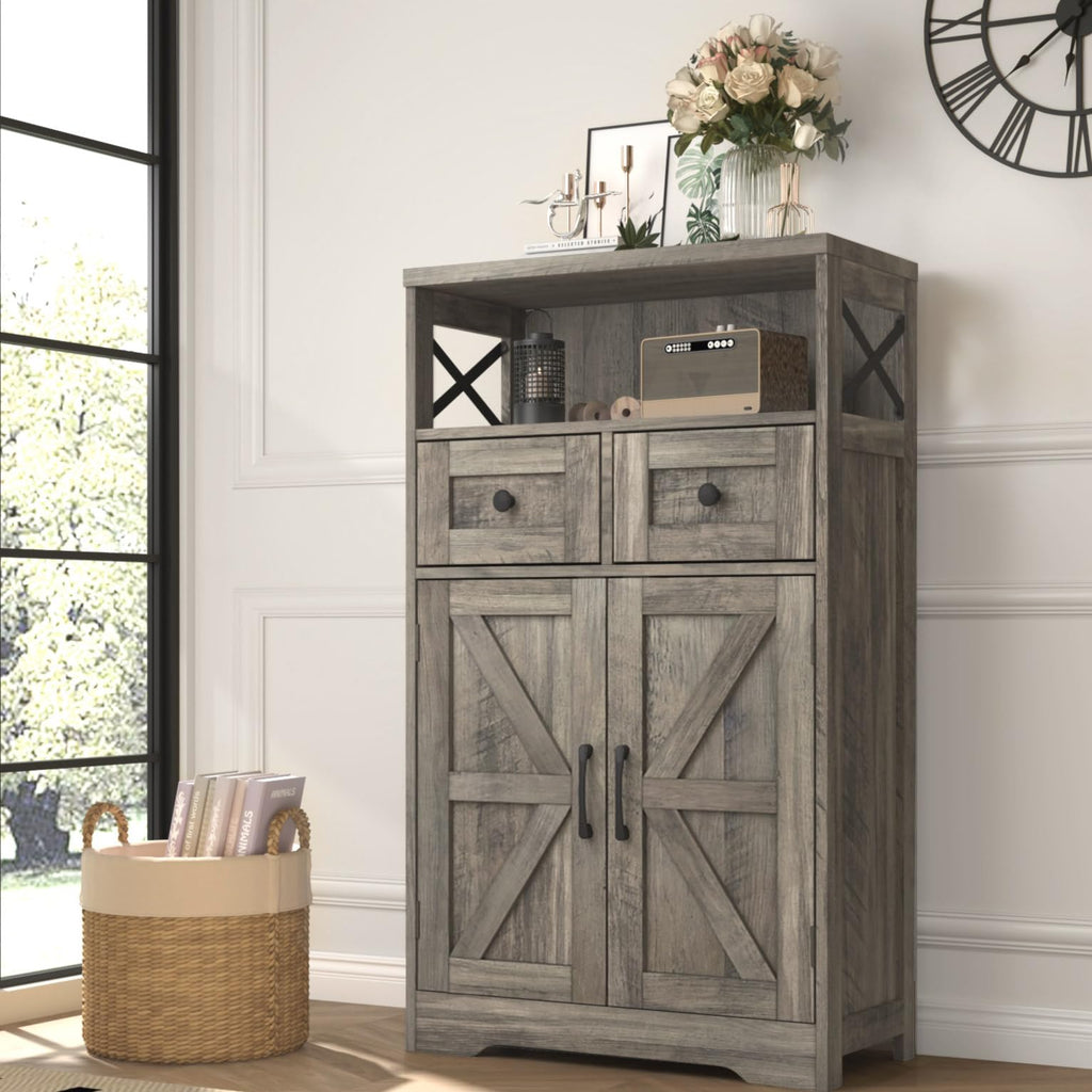 Befrases Farmhouse White Storage Cabinet with Doors and Drawers, Freestanding Kitchen Pantry Cabinet, Floor Storage Cabinet Hutch Cupboard for Kitchen, Living Dining Room, Bathroom
