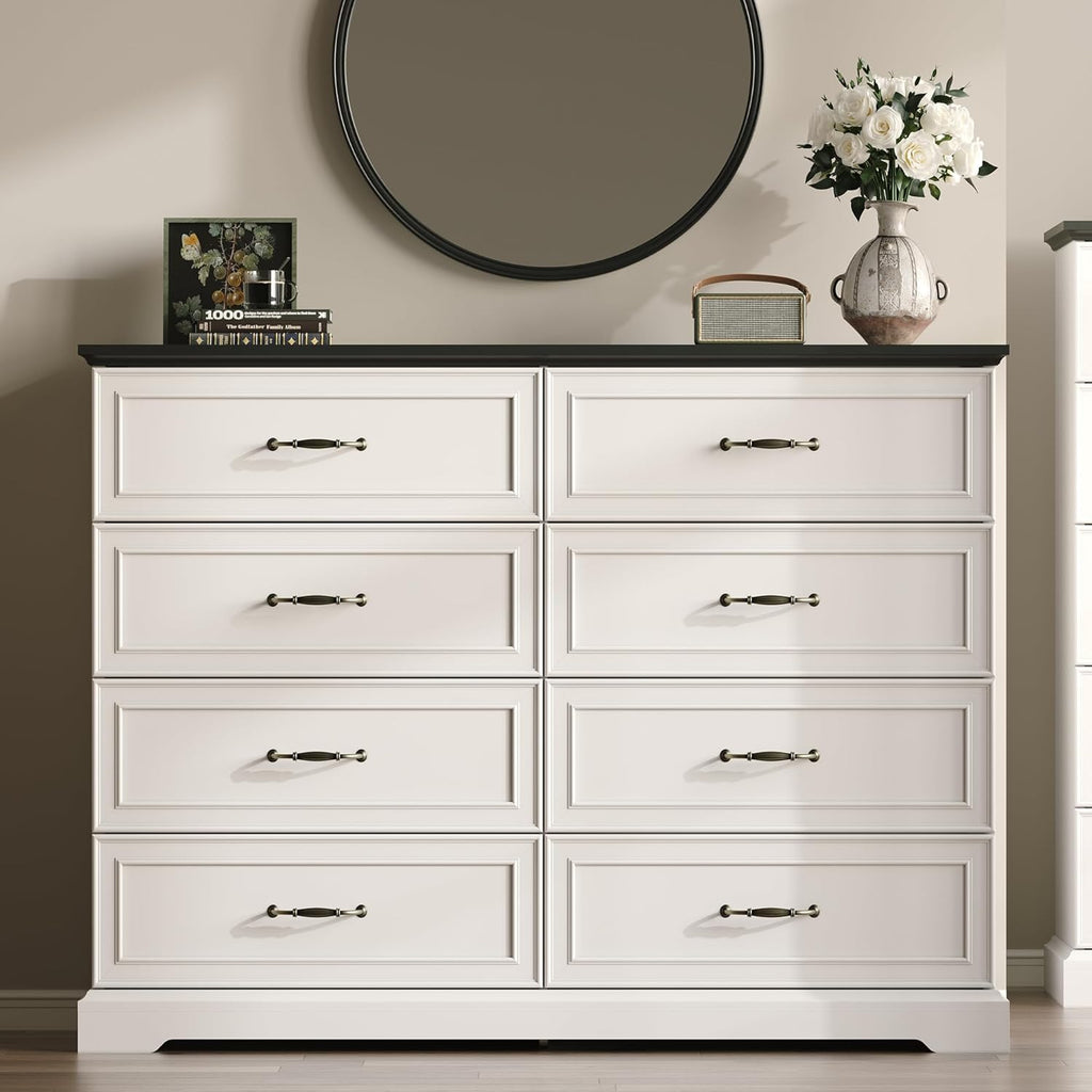 White Farmhouse 8-Drawer Wooden Dresser, 54" Wide Rustic Storage Chest with Bar Handles