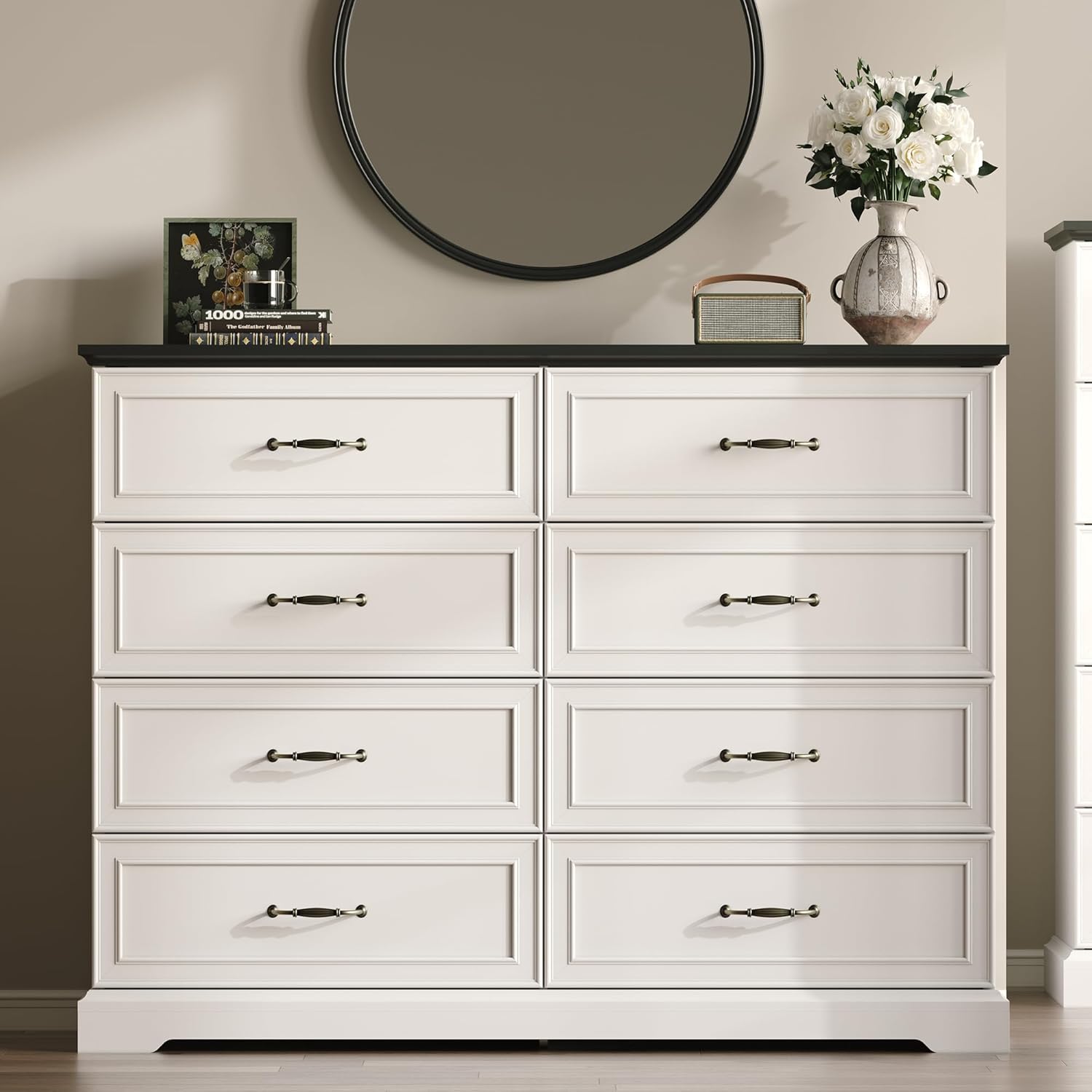 White Farmhouse 8-Drawer Wooden Dresser, 54" Wide Rustic Storage Chest with Bar Handles