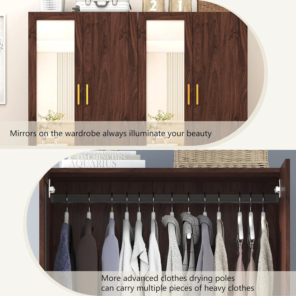 jiteentarou 2 Door Wardrobe Closet with Mirrors and LED Lights, Small Bedroom Armoire with Drawers, Modern Wooden Armoire Wardrobe Closet with Hanging Rod for Bedroom, Brown