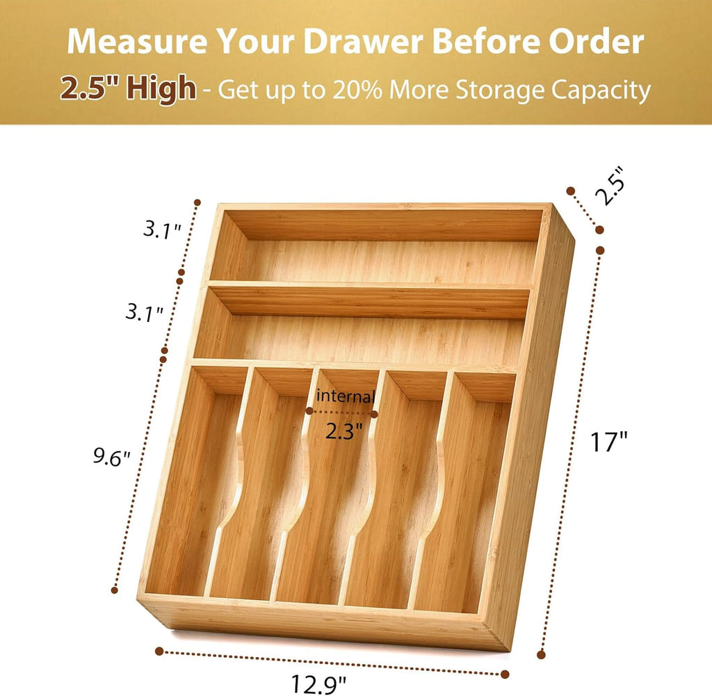 Umilife Bamboo Kitchen Drawer Organizer, 13 Inch Silverware Utensil Tray Holder, Extra Deep Grooved Drawer Divider, 7 Slots Total Bamboo Wood Caddy for Flatware Cutlery Knives, Forks, Spoons