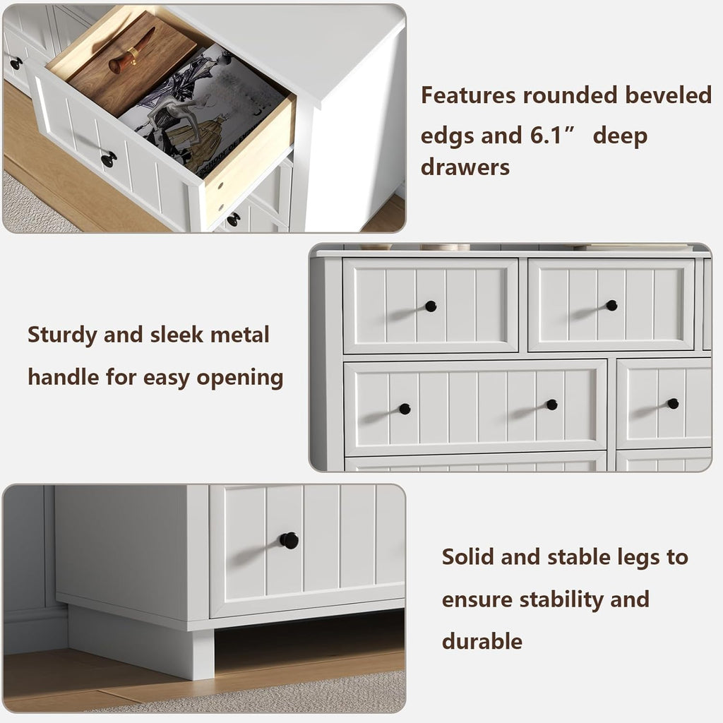 Farmhouse 7 Drawers Dresser for Bedroom, White Dresser Chest of Drawers, Wood Storage Dressers with Deep Drawers and Metal Handle, Wide Modern Dressers & TV Stand for Living Room, Closet, Hallway