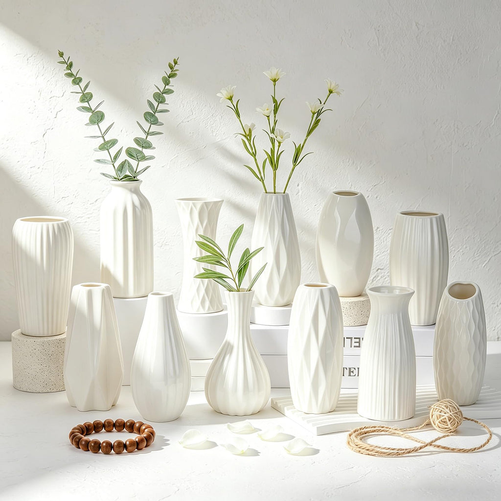 BEAHOT Ceramic Bud Vases Set of 12 - Matte Mini White Jars Bulk | Small White Ceramic Vases for Centerpieces, Wedding Floral Arrangements, DIY Crafts & Boho Table Decor (No Repeating Designs)