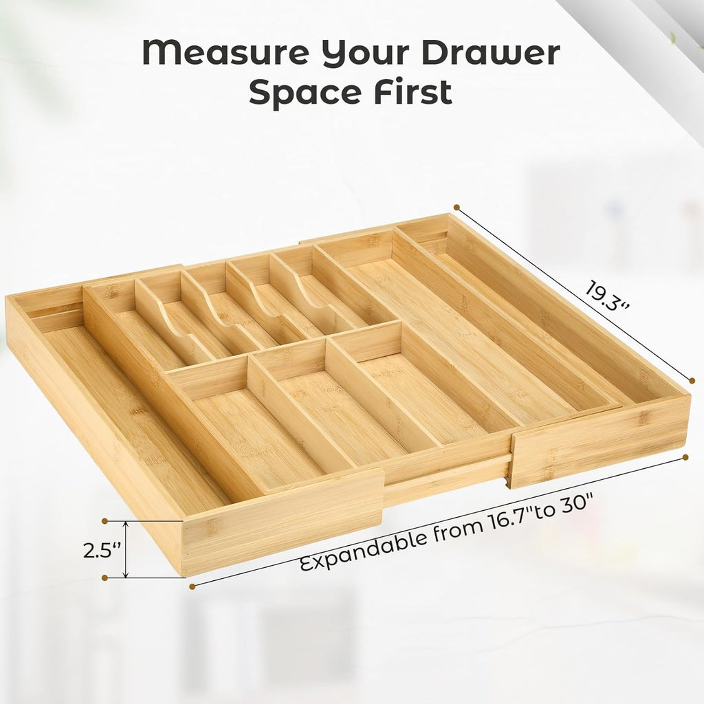 Expandable Bamboo Silverware Drawer Organizer Adjustable Kitchen Cutlery Storage Tray 16.7''-30''