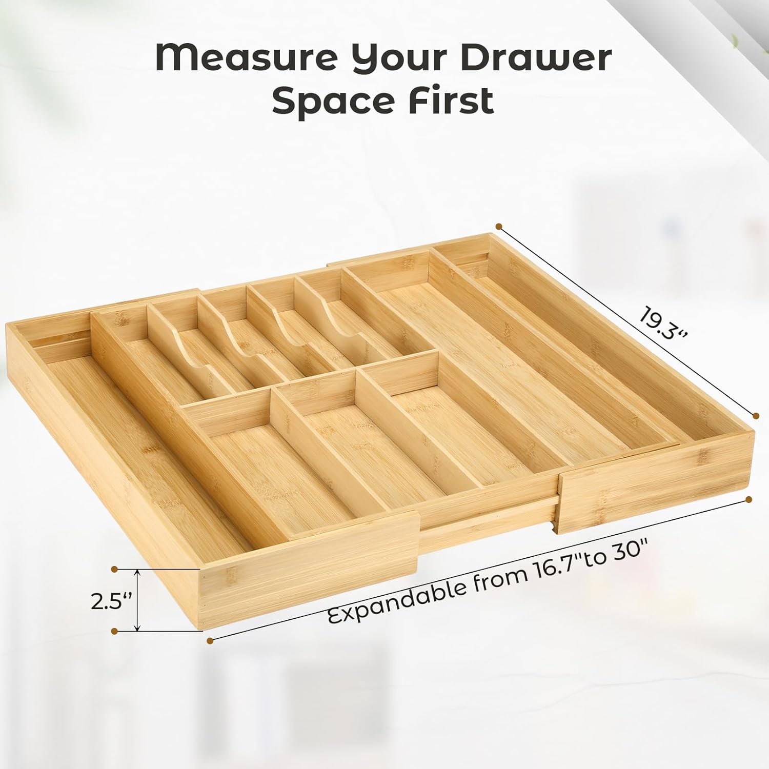 Expandable Bamboo Silverware Drawer Organizer Adjustable Kitchen Cutlery Storage Tray 16.7''-30''