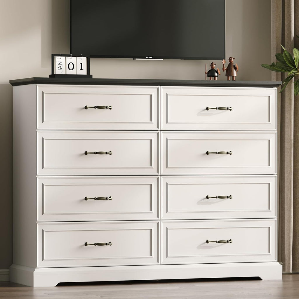 White Farmhouse 8-Drawer Wooden Dresser, 54" Wide Rustic Storage Chest with Bar Handles