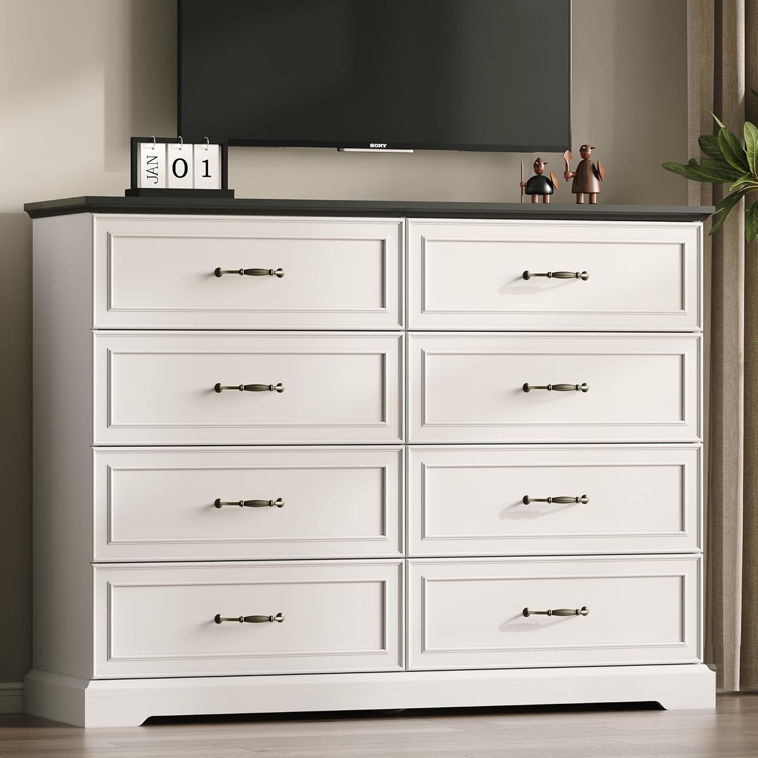 White Farmhouse 8-Drawer Wooden Dresser, 54" Wide Rustic Storage Chest with Bar Handles