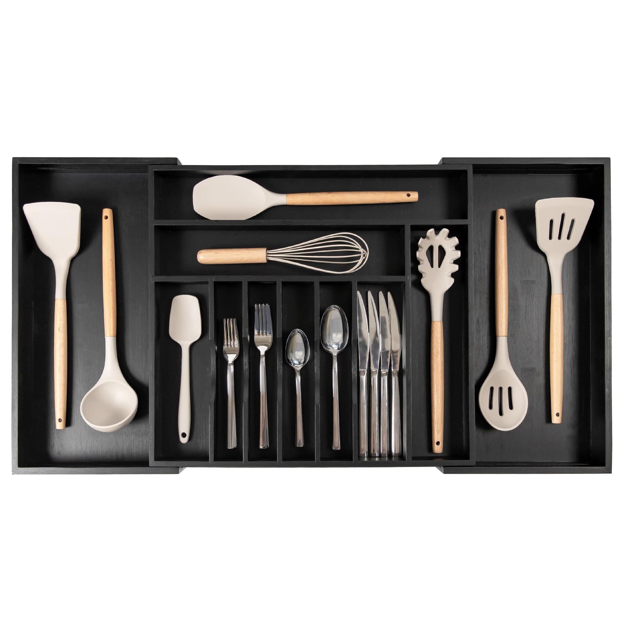 KitchenEdge Premium Silverware, Flatware and Utensil Organizer for Kitchen Drawers, Food-Safe Contract Grade, Expandable from 18 to 33 In, Natural Bamboo