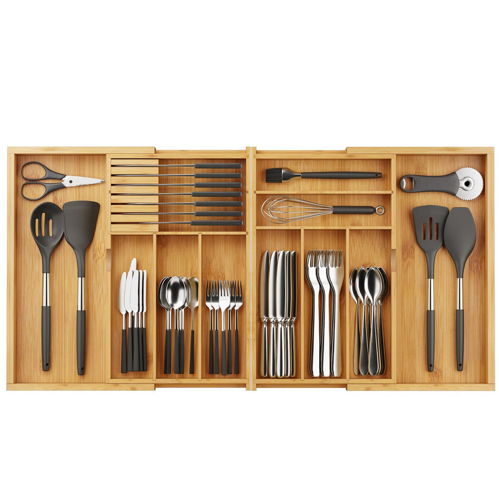 BAMEOS 3.9inch Tall Bamboo Drawer Organizer, Expandable Utensil Holder with 8 Compartments, Adjustable Kitchen Drawer Divider for Flatware, Silverware and Gadgets, Deep Storage for Home and Office