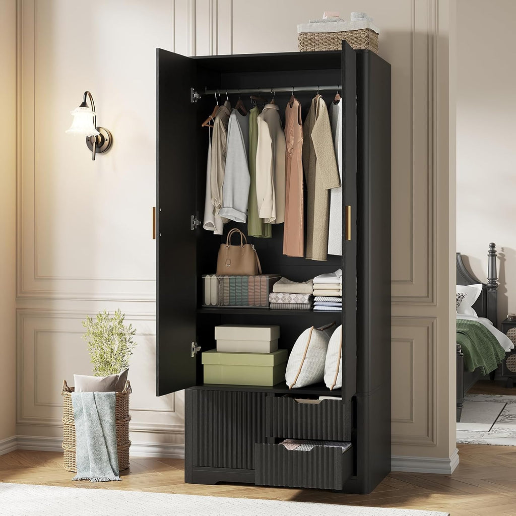 Vabches 71” Tall Armoire Wardrobe Closet with 2 Drawers and Shelves, Large Wooden Wardrobe Cabinet with Hanging Rod, Sliding Cabinet, Modern Fluted Clothing Storage Cabinet for Bedroom, Black