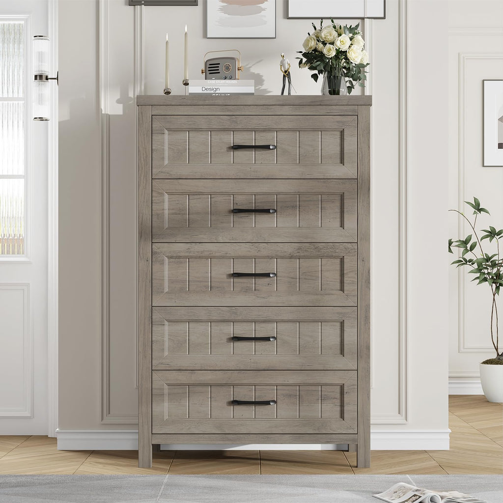 Jocoevol 5 Drawer Dresser for Bedroom - Farmhouse 44.9" Tall Chest of Dresser with Large Storage, Rubst Wood Construction for Living Room, Hallway & Entryway - White