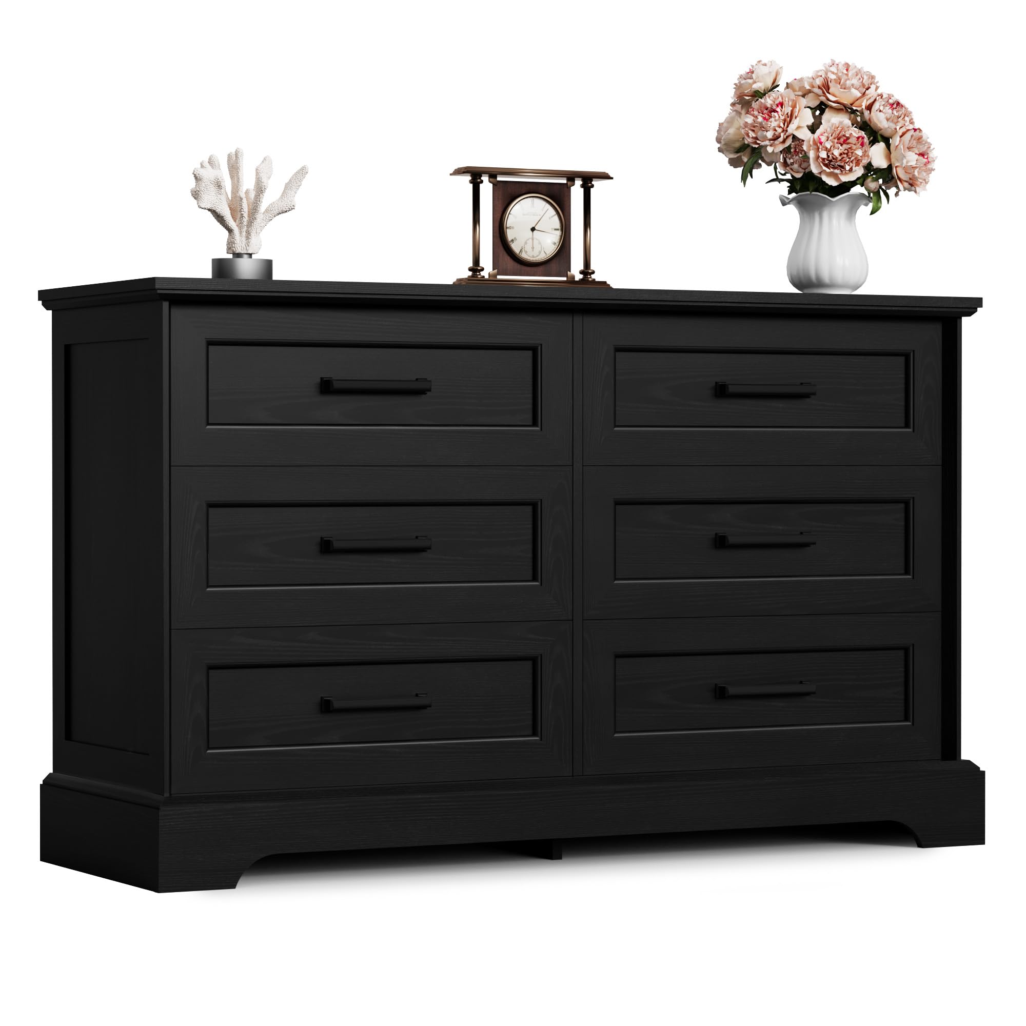 Furmax Farmhouse Dresser for Bedroom, 6 Drawers Dresser, Wood Chest of Drawers, 47.2" Wide Storage Dressers Organizer for Bedroom, Living Room, White and Black