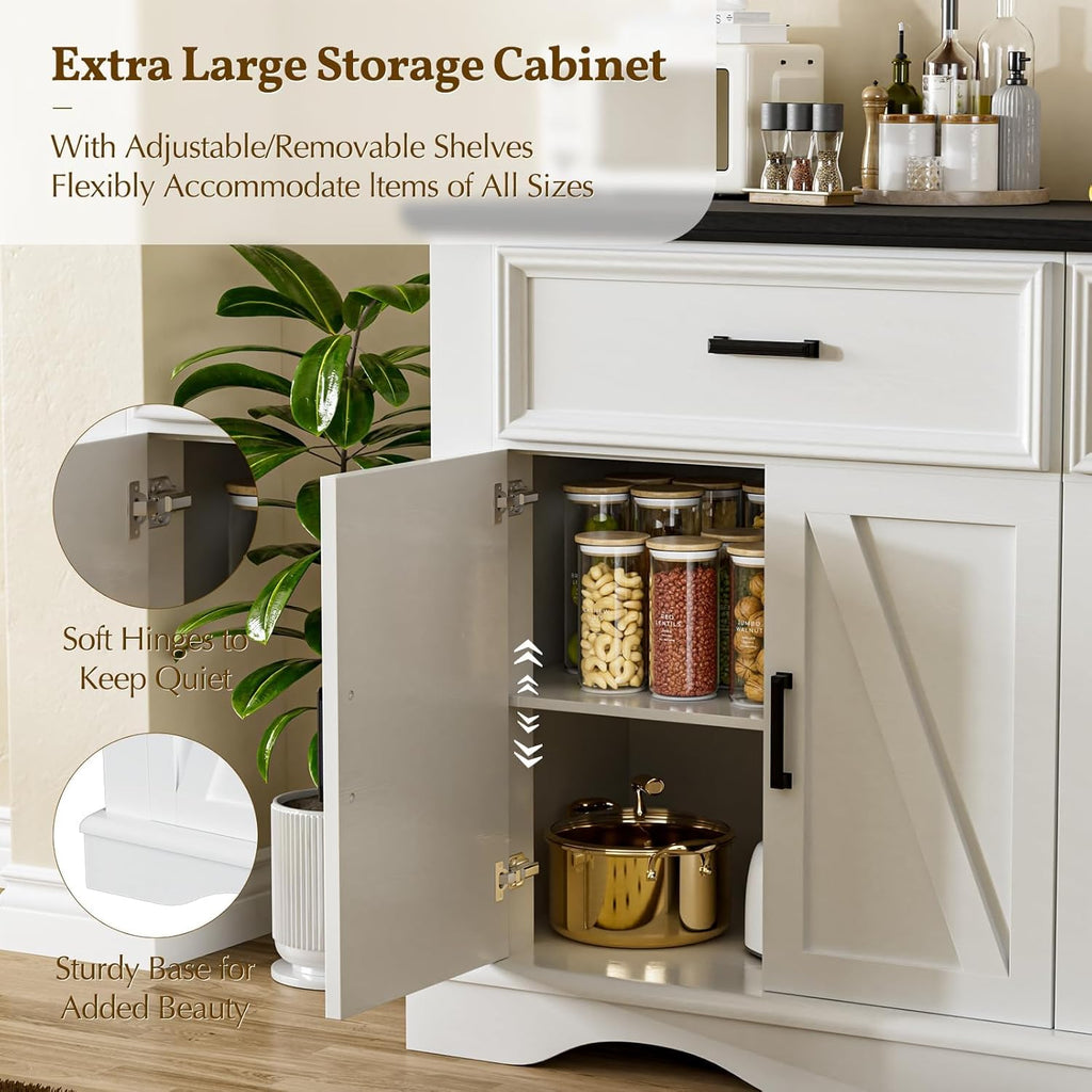 56" Modern Farmhouse Sideboard Buffet Cabinet with 4 Doors and 2 Drawers, Kitchen Storage Cabinet with Adjustable Shelves, Coffee Bar with Charging Station for Living Room, White