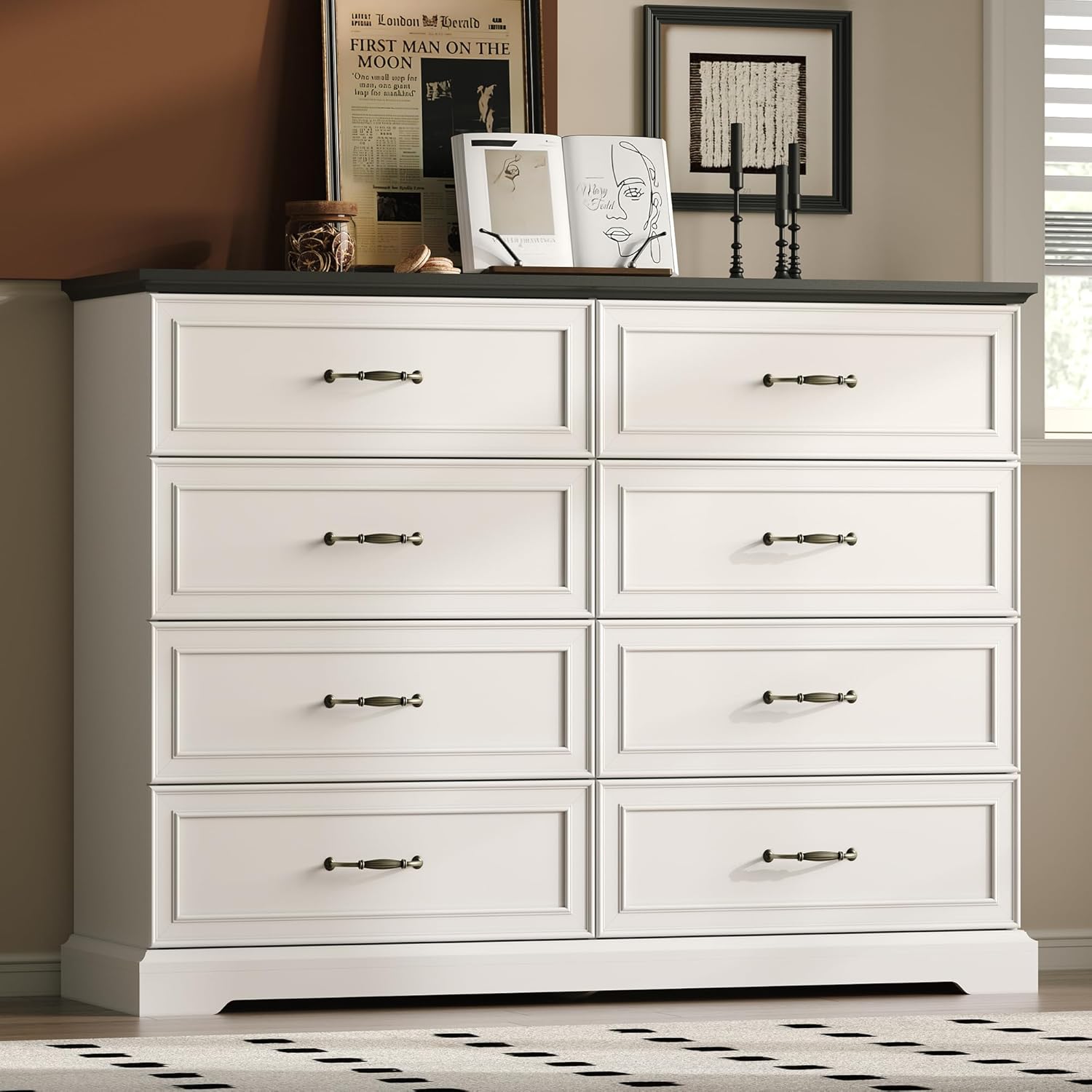 White Farmhouse 8-Drawer Wooden Dresser, 54" Wide Rustic Storage Chest with Bar Handles