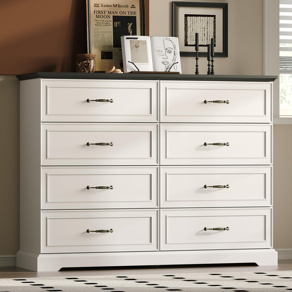 White Farmhouse 8-Drawer Wooden Dresser, 54" Wide Rustic Storage Chest with Bar Handles