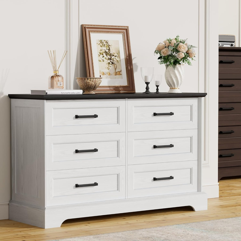 Furmax Farmhouse Dresser for Bedroom, 6 Drawers Dresser, Wood Chest of Drawers, 47.2" Wide Storage Dressers Organizer for Bedroom, Living Room, White and Black