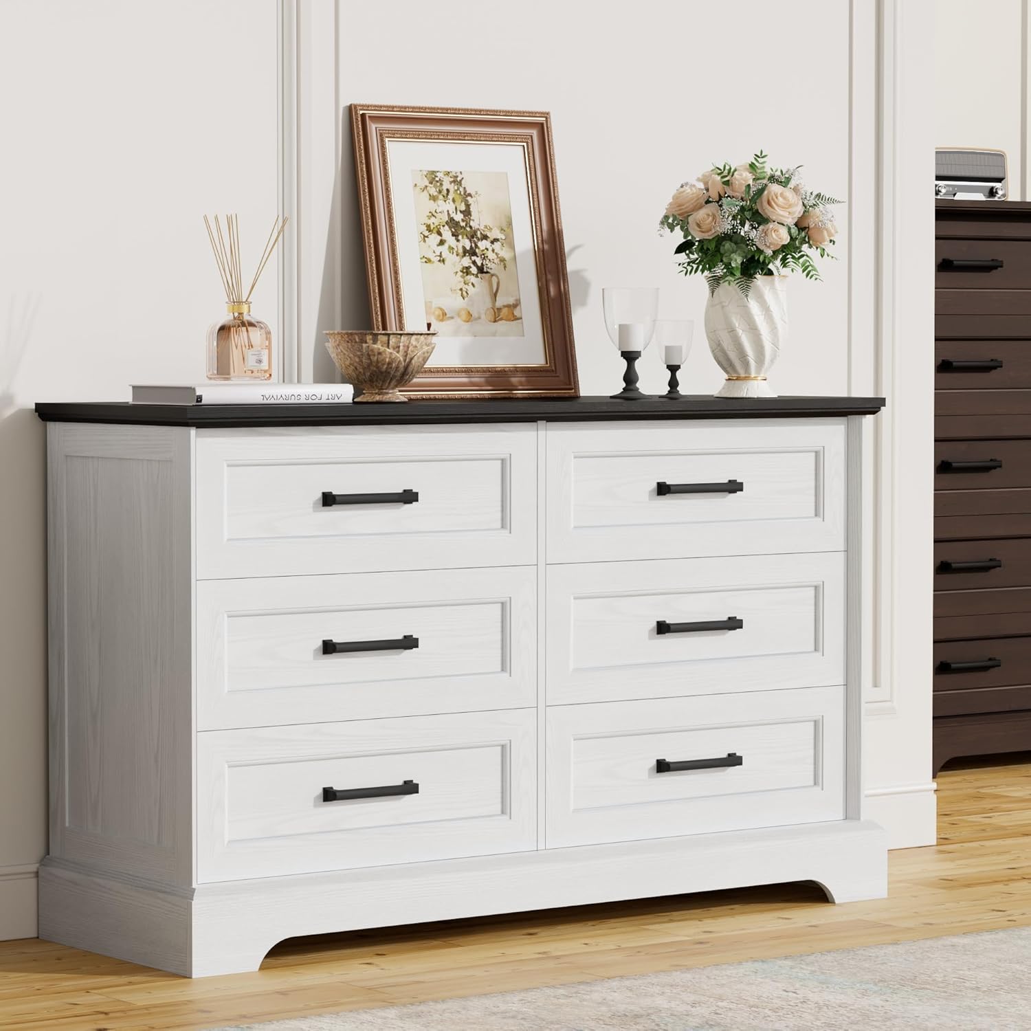 Furmax Farmhouse Dresser for Bedroom, 6 Drawers Dresser, Wood Chest of Drawers, 47.2" Wide Storage Dressers Organizer for Bedroom, Living Room, White and Black