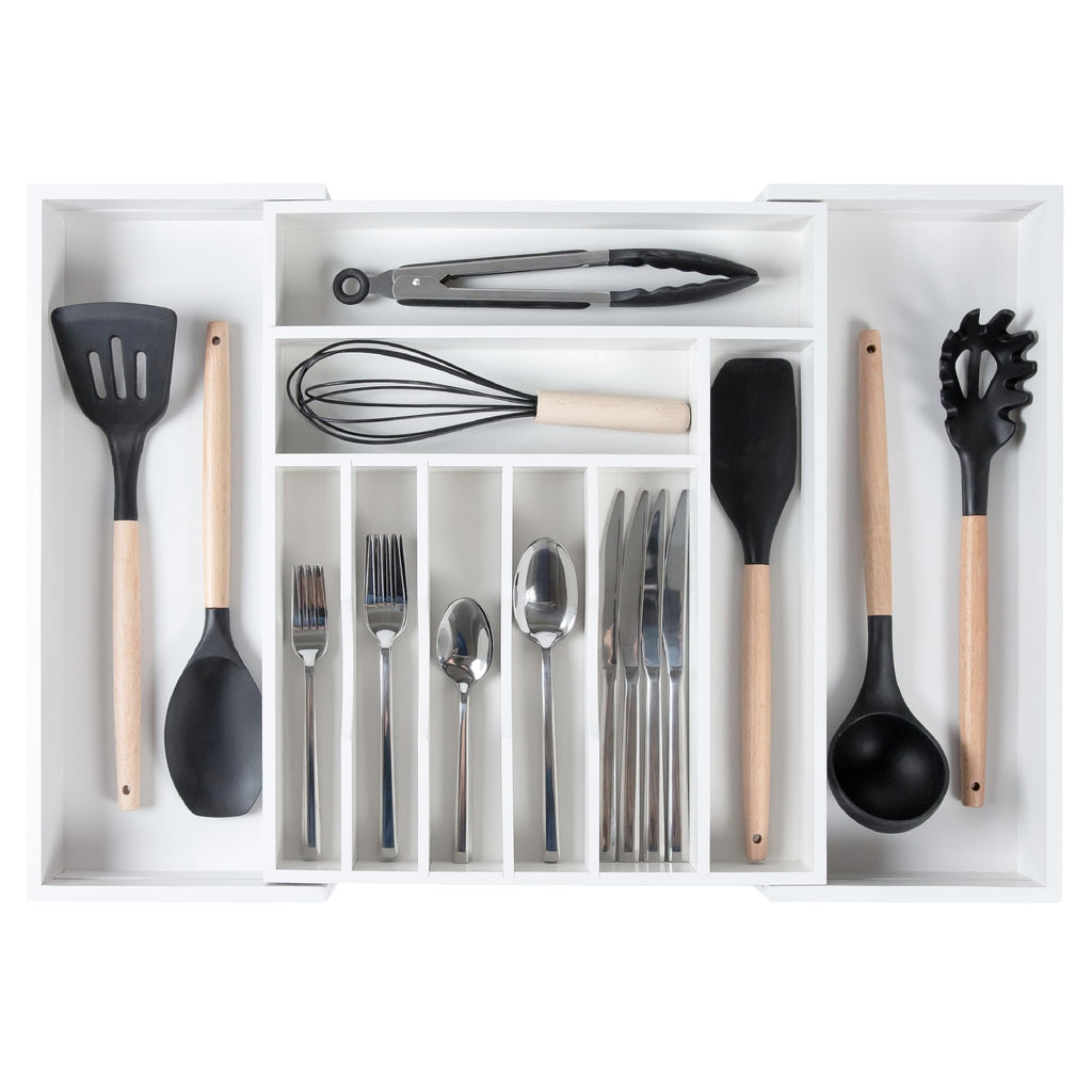 KitchenEdge Premium Silverware, Flatware and Utensil Organizer for Kitchen Drawers, Food-Safe Contract Grade, Expandable from 18 to 33 In, Natural Bamboo