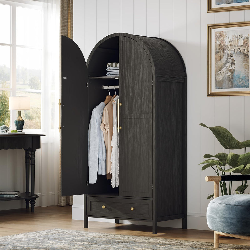 VINGLI Arched Wardrobe Closet Armoire with Drawer, 70" Tall Wooden Wardrobe Closet,Clothing Storage Cabinet, Large Capacity Storage, Natural Oak