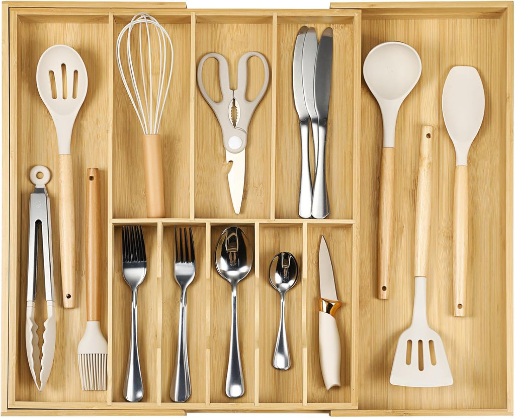 Expandable Bamboo Silverware Drawer Organizer Adjustable Kitchen Cutlery Storage Tray 16.7''-30''