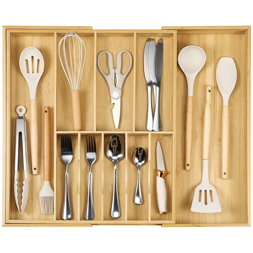 Expandable Bamboo Silverware Drawer Organizer Adjustable Kitchen Cutlery Storage Tray 16.7''-30''