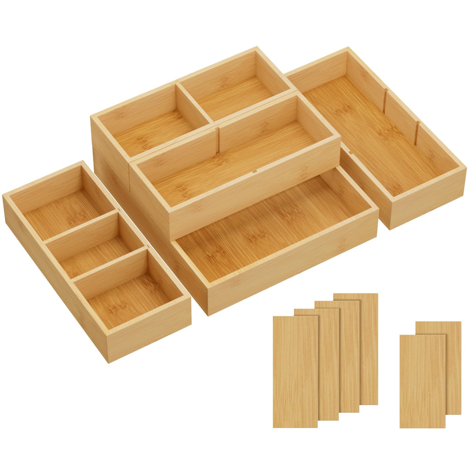 Lifewit Drawer Organizers 10 Pack(22 Grid) with 12 Inserts, Adjustable Bamboo Wooden Drawer Dividers, Stackable Storage Box for Utensils, Silverware, Makeup, Junk in Kitchen/Bathroom/Office/Vanity
