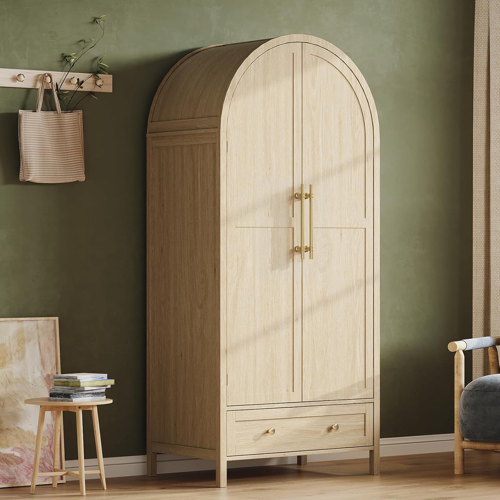VINGLI Arched Wardrobe Closet Armoire with Drawer, 70" Tall Wooden Wardrobe Closet,Clothing Storage Cabinet, Large Capacity Storage, Natural Oak