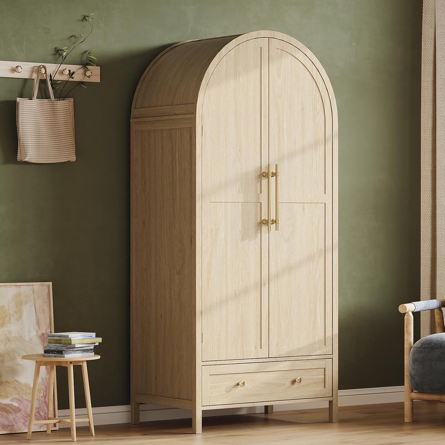 VINGLI Arched Wardrobe Closet Armoire with Drawer, 70" Tall Wooden Wardrobe Closet,Clothing Storage Cabinet, Large Capacity Storage, Natural Oak