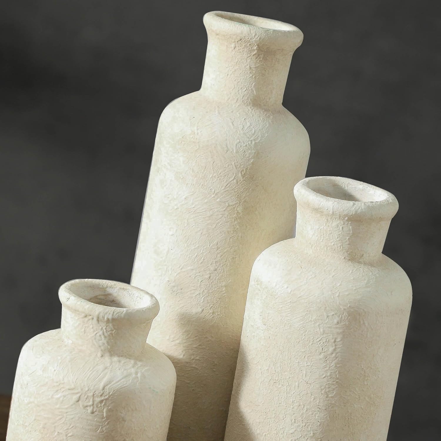 Set of 3 Whitewashed Farmhouse Ceramic Vases Neutral Rustic Home Decor Vases