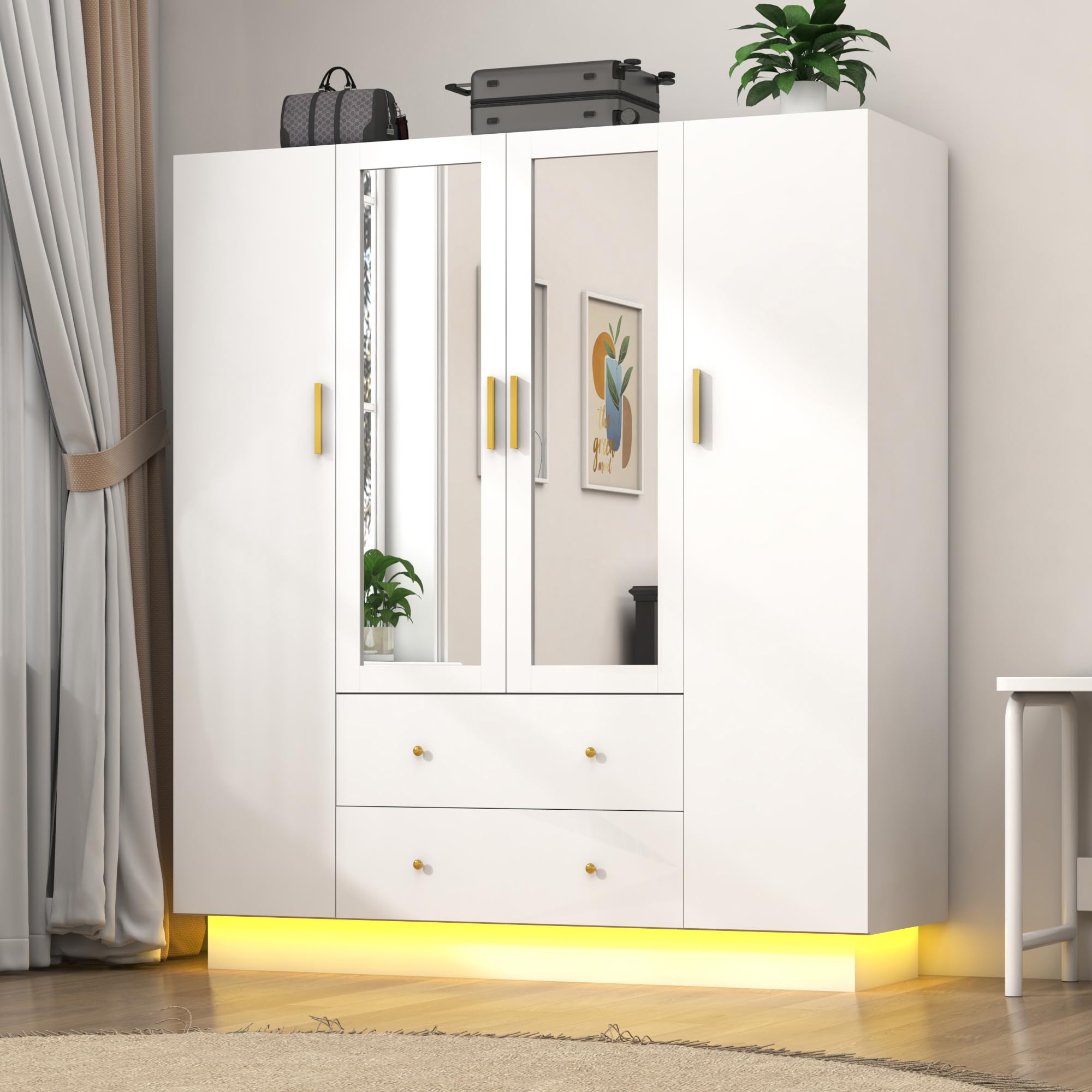 jiteentarou 2 Door Wardrobe Closet with Mirrors and LED Lights, Small Bedroom Armoire with Drawers, Modern Wooden Armoire Wardrobe Closet with Hanging Rod for Bedroom, Brown