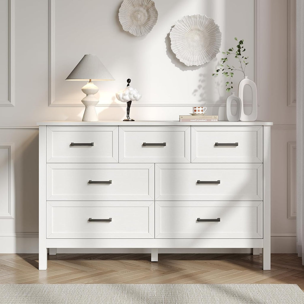 White 7 Drawers Dresser for Bedroom, Farmhouse Wood Rustic Wide Chest with Metal Handles, Storage Dressers Organizer for Bedroom, Hallway, Entryway