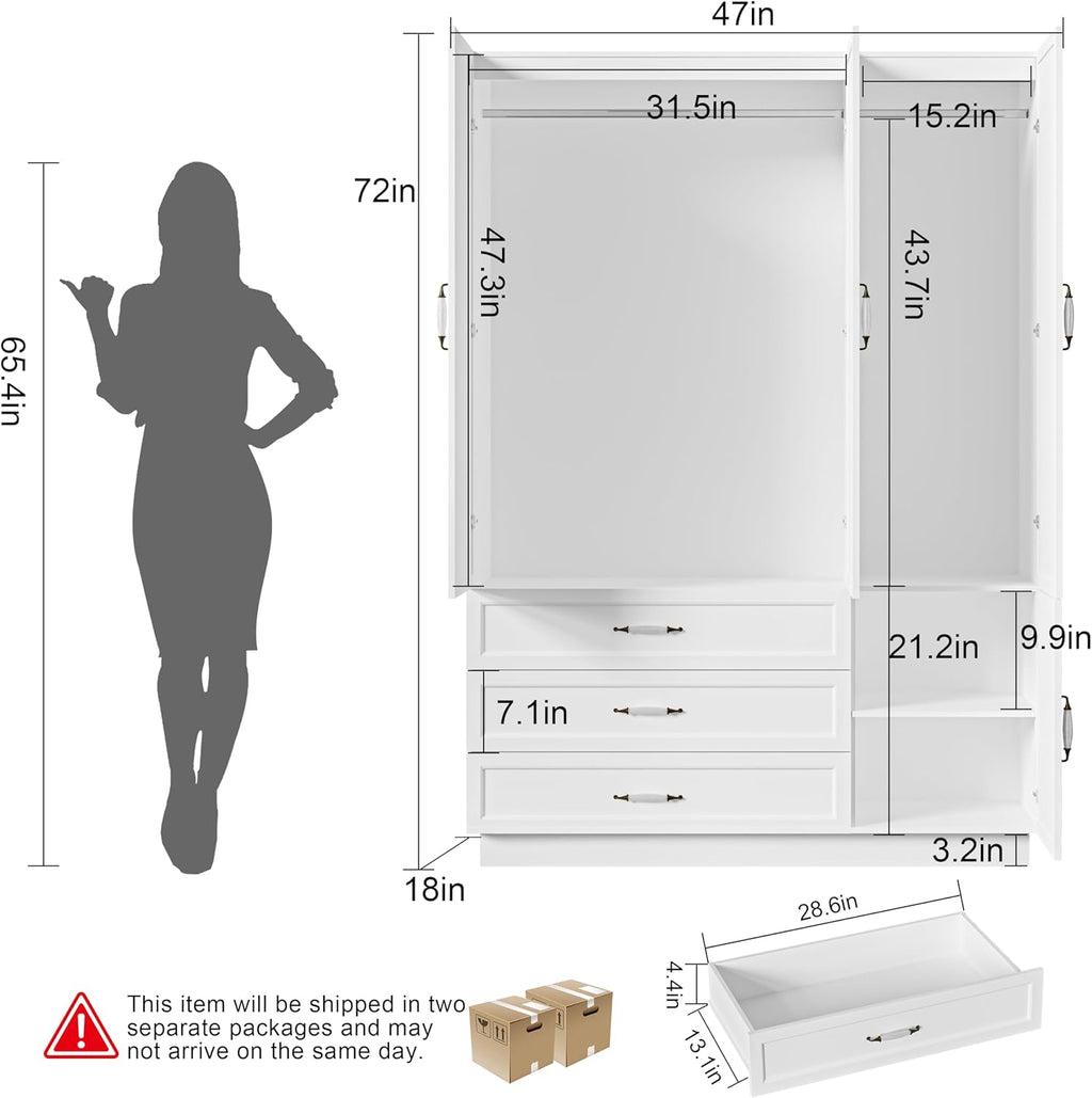 AXCITOC 72" Armoire Wardrobe Closet with 3 Door Wooden Bedroom Armoire with LED Light 3 Drawers Large Modern White Wardrobe Cabinet with Retro Ceramic Door Handles and Removable Hanging Rod