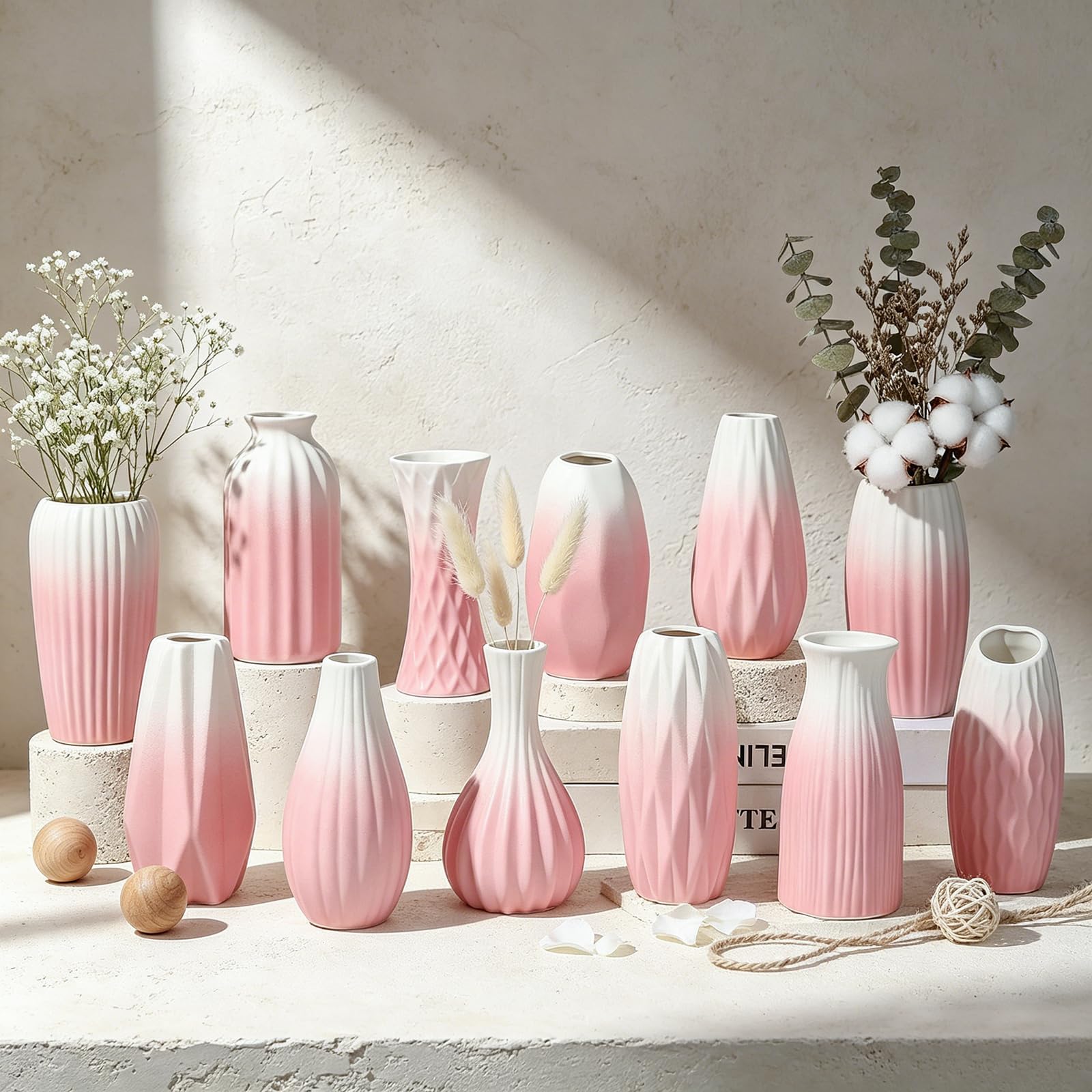 BEAHOT Ceramic Bud Vases Set of 12 - Matte Mini White Jars Bulk | Small White Ceramic Vases for Centerpieces, Wedding Floral Arrangements, DIY Crafts & Boho Table Decor (No Repeating Designs)
