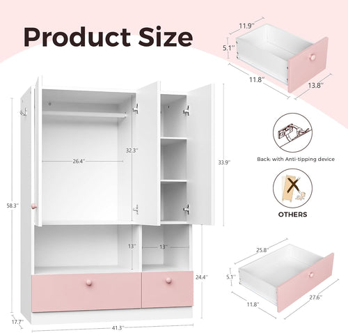 3-Door White Wooden Armoire Wardrobe with Drawers, Adjustable Shelves & Hanging Rod