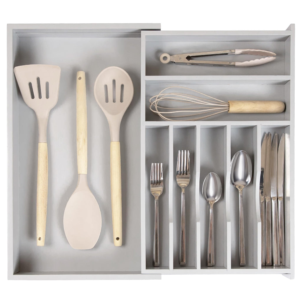 KitchenEdge Premium Silverware, Flatware and Utensil Organizer for Kitchen Drawers, Food-Safe Contract Grade, Expandable from 18 to 33 In, Natural Bamboo