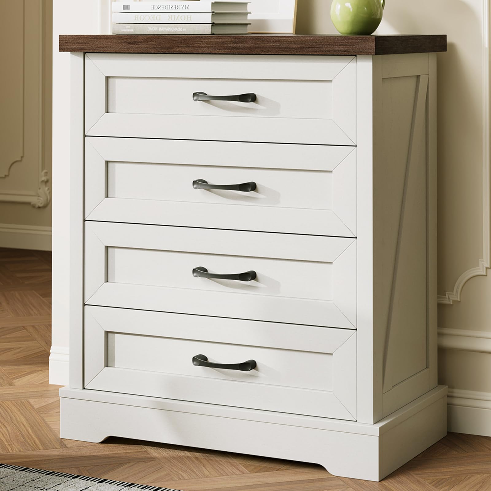 AODK Farmhouse 6 Drawer Dresser for Bedroom, White 59" Wide Engineered Wooden Chest of Drawers with Thick Board, Metal Handles, Modern Storage Cabinet for Living Room, Entryway, Walnut Top