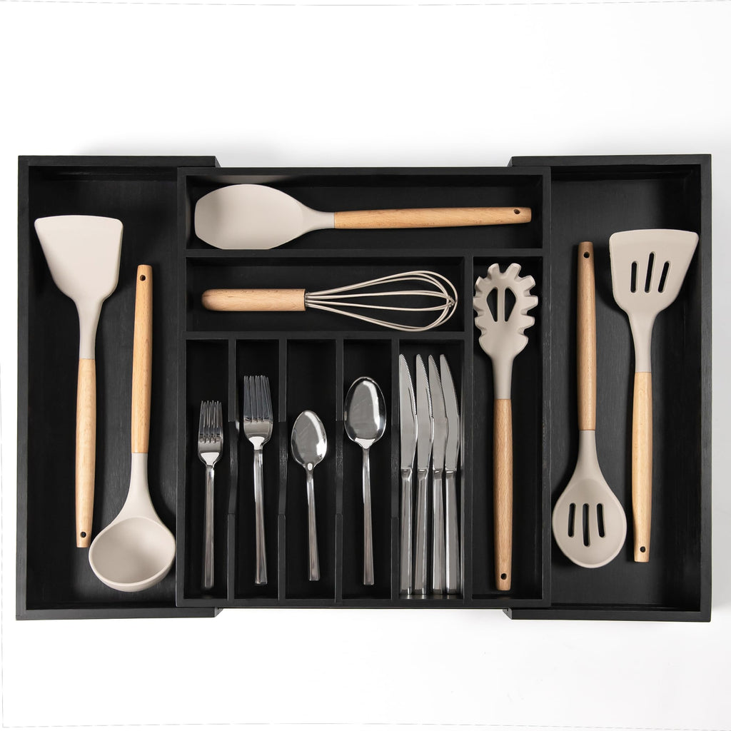 KitchenEdge Premium Silverware, Flatware and Utensil Organizer for Kitchen Drawers, Food-Safe Contract Grade, Expandable from 18 to 33 In, Natural Bamboo