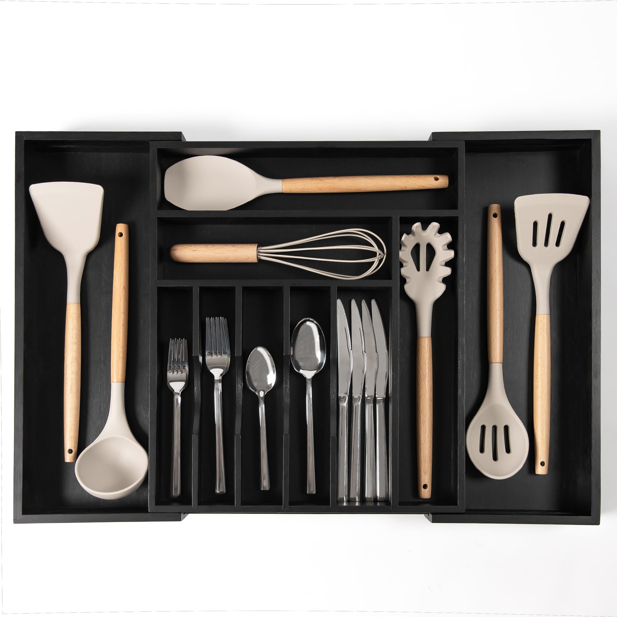 KitchenEdge Premium Silverware, Flatware and Utensil Organizer for Kitchen Drawers, Food-Safe Contract Grade, Expandable from 18 to 33 In, Natural Bamboo