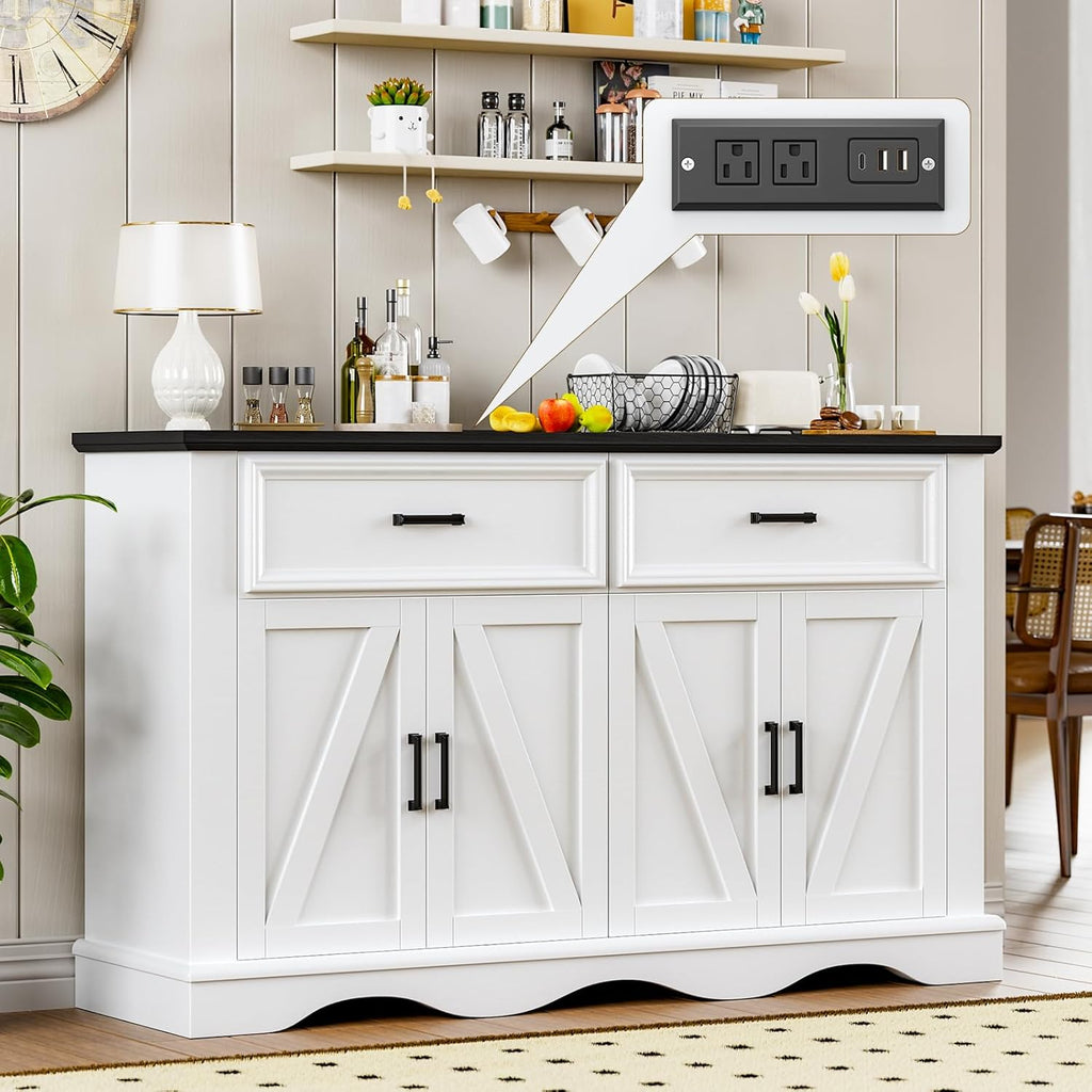 56" Modern Farmhouse Sideboard Buffet Cabinet with 4 Doors and 2 Drawers, Kitchen Storage Cabinet with Adjustable Shelves, Coffee Bar with Charging Station for Living Room, White